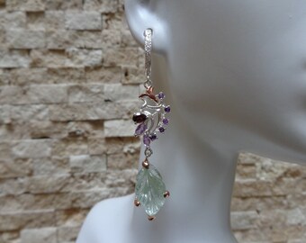 Hand Carved Aquamarine, Amethyst and Garnet Earrings in Sterling Silver and 18K Rose Gold Vermeil