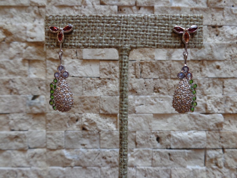 Yellow and Red Sapphire Chroome Diopside and Tanzanite Earrings in 14K White Gold Vermeil