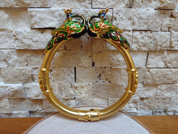 Vintage Cloisonné Gold Peacock Bangle Bracelet