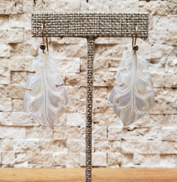 Hand Carved Mother of Pearl Leaf Earrings with Ta… - image 1