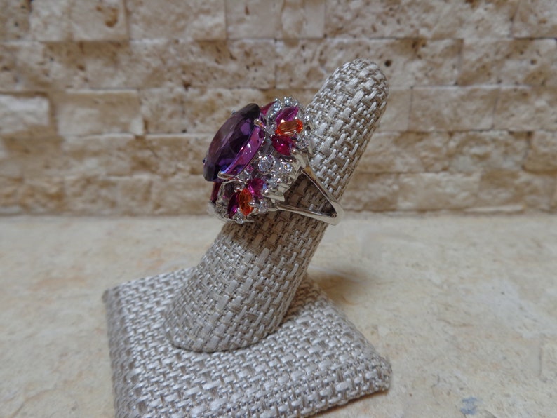 12 Carat Amethyst Ring in 14K White Gold plated Sterling Silver with Pink White and Orange Sapphires Size 7