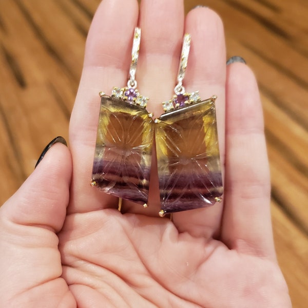 Amazing Hand Carved Ametrine Earrings with Aquamarine and Amethyst done in Sterling Silver and 18k Yellow Gold Vermeil