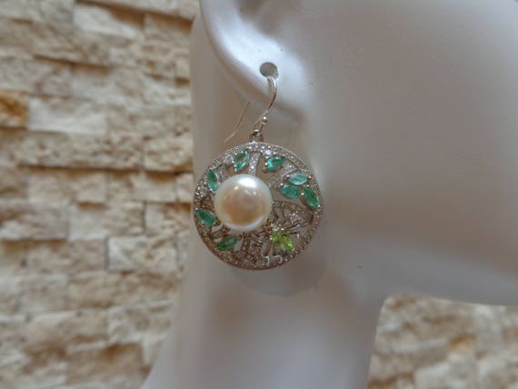Emerald, Peridot, Pearl and Sterling Silver earri… - image 1