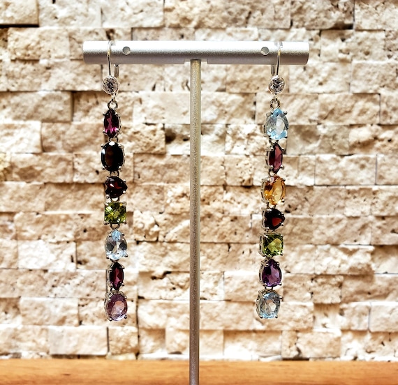 Long mixed stone drop earrings with Garnet, Aquam… - image 1