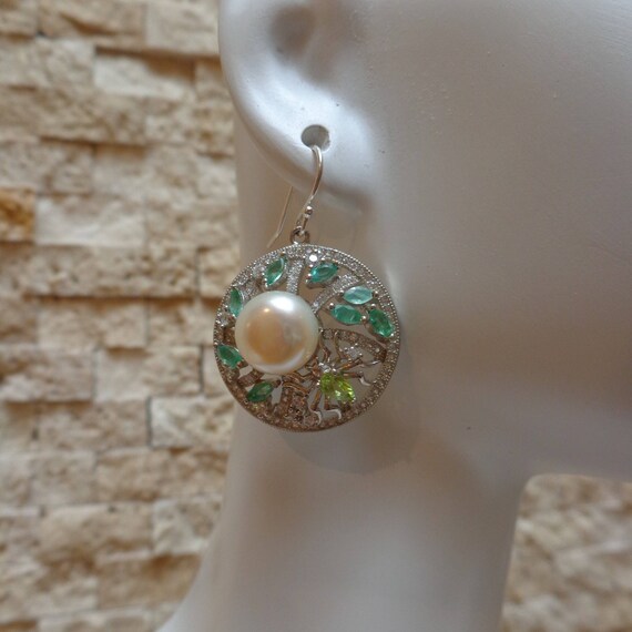 Emerald, Peridot, Pearl and Sterling Silver earri… - image 2