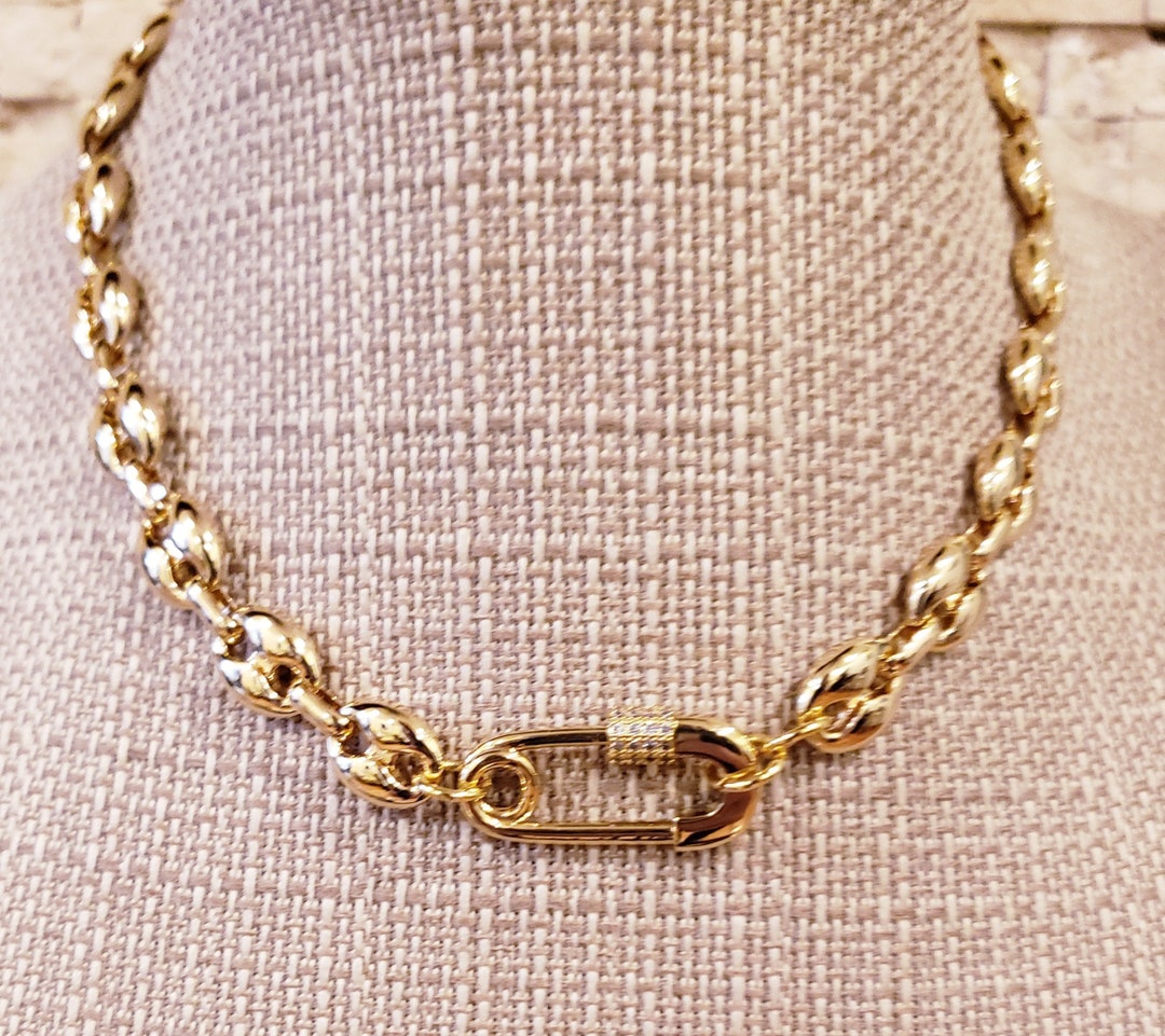 Gold Mariner Link Necklace With Pave Bar Clasp 16 Inch Etsy