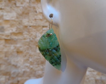 Hand Carved Chrysocolla Wing Earrings with Sterling Silver Ear Wires