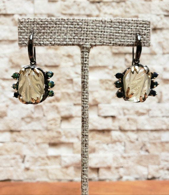 Hand Carved Lemon Quartz and Black Opal Earrings i