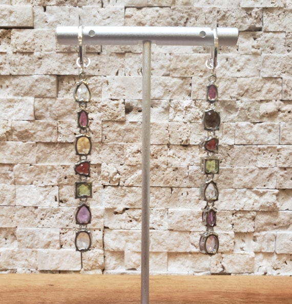 Long mixed stone drop earrings with Garnet, Aquam… - image 2