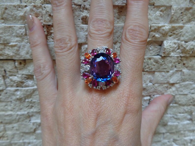 12 Carat Amethyst Ring in 14K White Gold plated Sterling Silver with Pink White and Orange Sapphires Size 7