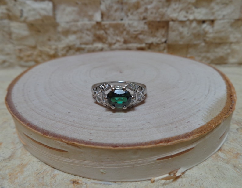 Size 7 Green Topaz ring in 14K White Gold over Sterling Silver
