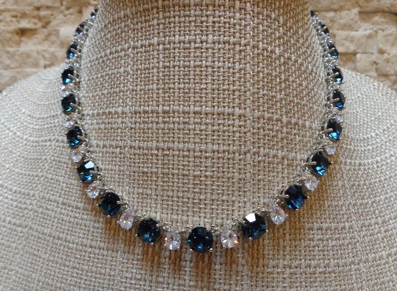 Navy and White Crystal Necklace 16 inch