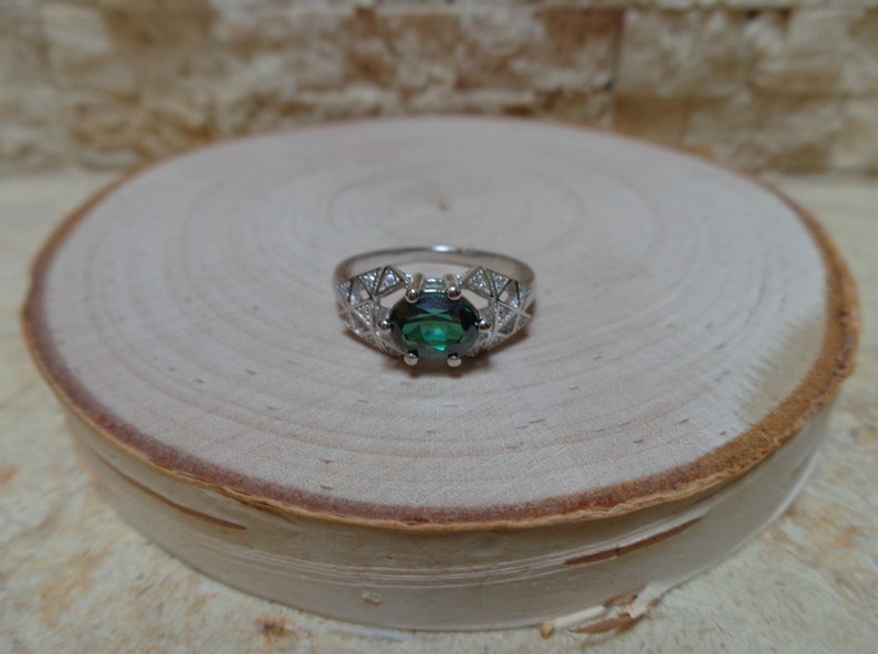 Size 7 Green Topaz ring in 14K White Gold over Sterling Silver