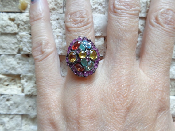 Ruby, Emerald, Sapphire Ring in Oxidized Sterling… - image 2