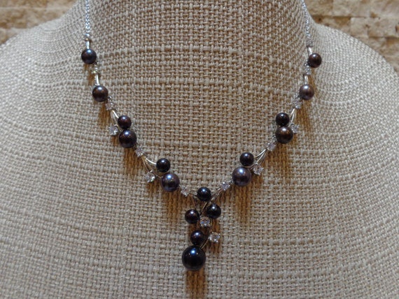 Black Freshwater Pearl and CZ Y Necklace in 14K W… - image 2