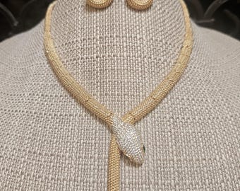 Snake cobra necklace and earrings in Yellow gold and Pave cz
