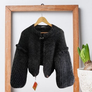 knit bomber jacket in mohair and silk, with jewel button. Elegant short cardigan ready to ship, luxury knitwear, 7th anniversary gift