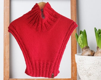 hand knit red dickie, 7th anniversary gift for wife, alpaca and wool dickey, turtleneck scarf, luxury layer fashion, unique gifts for mom