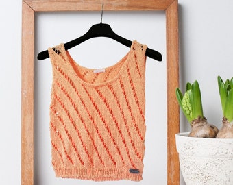 Knitted spring tank top in cotton. Openwork ajour knit sleeveless tee. Ready to ship summer knitwear