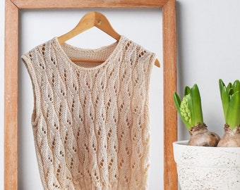 Knitted spring mesh tank top in cotton. Openwork ajour knit sleeveless tee. Ready to ship natural white summer knitwear