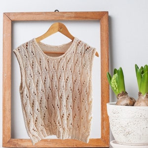 Knitted spring mesh tank top in cotton. Openwork ajour knit sleeveless tee. Ready to ship natural white summer knitwear