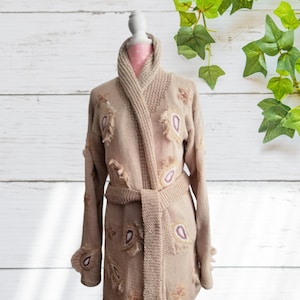 Cotton beige knit cardigan hand embroidered, hippie style, vegan knit jacket shawl collared, 2nd anniversary gift for her, luxury clothing