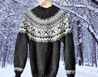 Maglione fair Isle lavorato a mano in stile nordico, pullover jacquard a disegni norvegesi, regalo anniversario per lui, maglione da sci