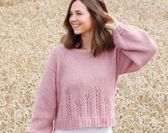 Durchbrochener Frühlingspullover mit asymmetrischer Linie, luxuriöse Strickwaren aus Alpaka und Merino, leichter Pullover nach Maß, Kreuzfahrtmode, Pullover