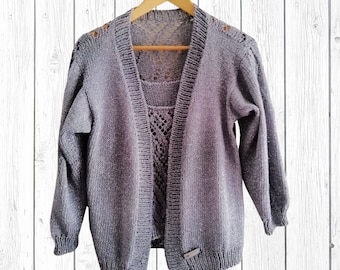 Twin set primaverile in cotone, lavorato a maglia a trafori