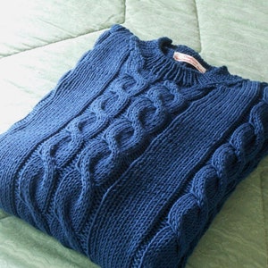 May include: A blue knitted sweater with a cable knit pattern.