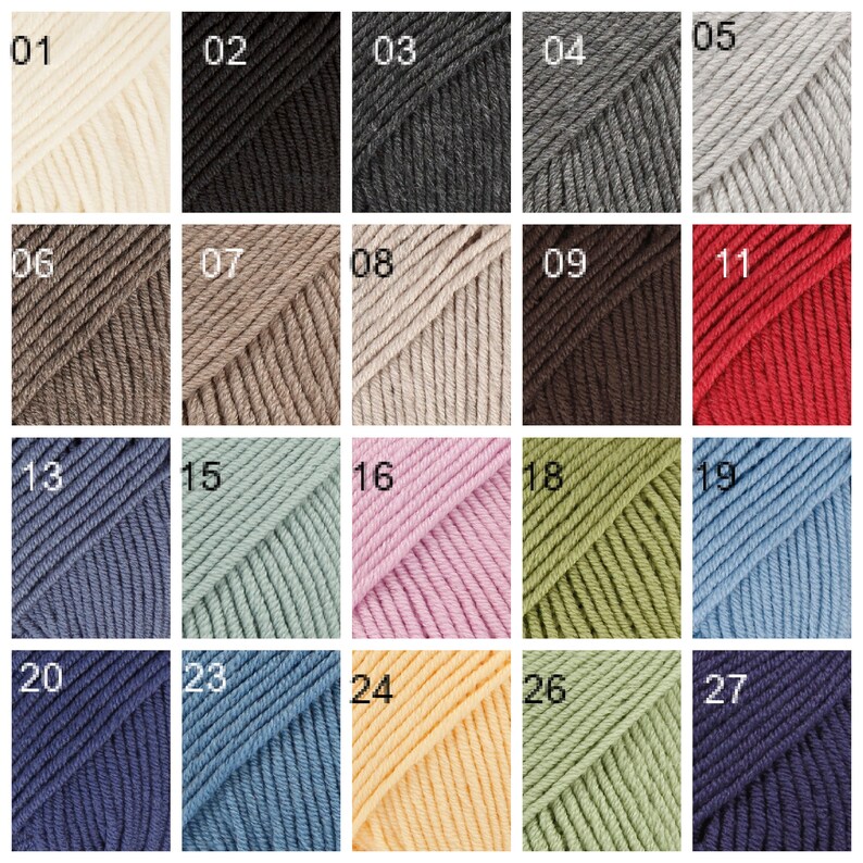 May include: A collection of 27 yarn skeins in various colors, including white, black, gray, brown, red, blue, green, pink, and yellow. The skeins are arranged in a grid pattern with numbers 01 through 27.