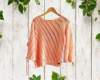 Frühlingspullover aus gestrickter Baumwolle mit Ajourmuster, durchbrochenes T-Shirt mit verstellbaren Ärmeln, maßgeschneiderter Sommerpullover