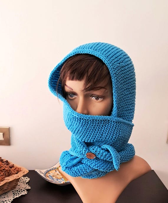 Hand Knit Hooded Scarf, 7th Anniversary Gift for Wife, Knit  display picture 3