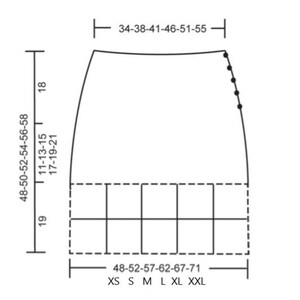 May include: Size chart for a skirt with measurements in inches. The chart shows sizes XS to XXL with corresponding waist measurements from 48 to 71 inches and hip measurements from 34 to 55 inches.