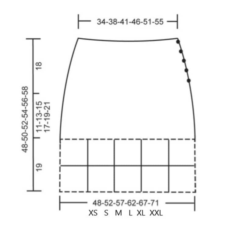 May include: Size chart for a skirt with measurements in inches. The chart shows sizes XS to XXL with corresponding waist measurements from 48 to 71 inches and hip measurements from 34 to 55 inches.