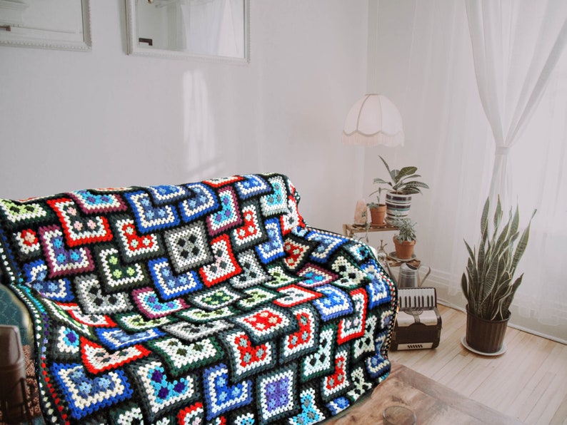 Granny Square crochet blanket made to order, hygge mens cave afghan pure Merino wool, crochet double bed cover cottage chic gay wedding gift image 1