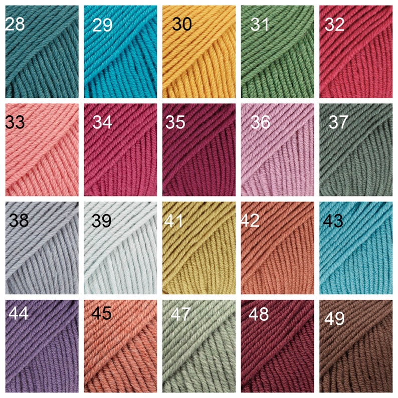 May include: A collection of 20 yarn skeins in various colors, including teal, yellow, pink, gray, and green. The skeins are arranged in a grid pattern with numbers 28 through 49 printed on each skein.