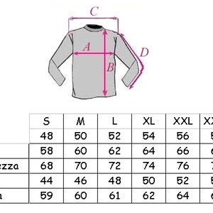May include: Size chart for a long-sleeved shirt with measurements in inches for chest, length, shoulder, and sleeve. Sizes range from S to XXXXL.