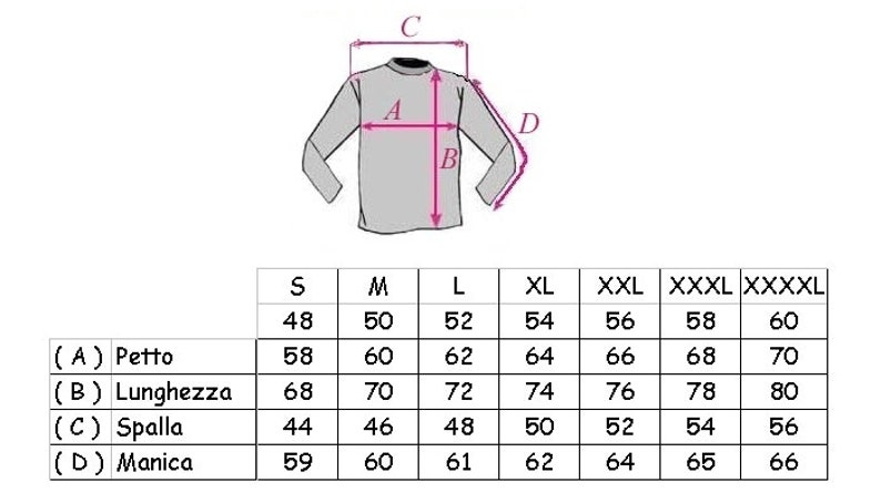 May include: Size chart for a long-sleeved shirt with measurements in inches for chest, length, shoulder, and sleeve. Sizes range from S to XXXXL.