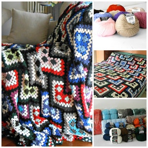 May include: A colorful crochet blanket made with granny squares in shades of red, blue, green, black, white, and gray. The blanket is shown draped over a chair and on a bed. The image also shows balls of yarn in various colors.