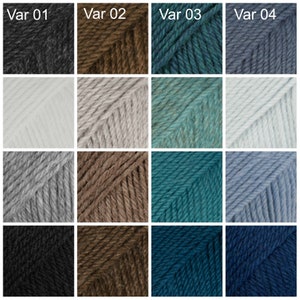 May include: Four variations of yarn in four different colors: black, brown, teal, and blue. Each yarn is shown in four different shades, from dark to light.