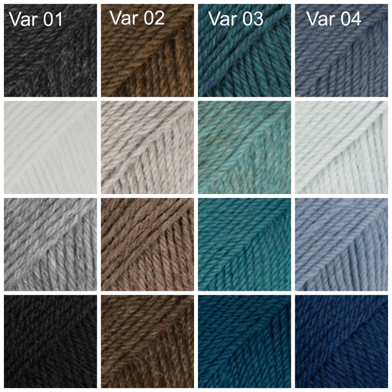 May include: Four variations of yarn in four different colors: black, brown, teal, and blue. Each yarn is shown in four different shades, from dark to light.