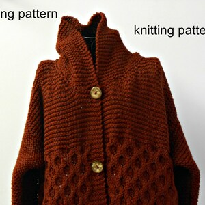 May include: A brown knitted cardigan with a hood and button closure. The cardigan has a cable knit pattern on the bottom half.