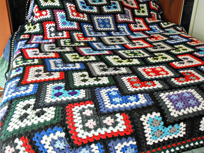 Granny Square crochet blanket made to order, hygge mens cave afghan pure Merino wool, crochet double bed cover cottage chic gay wedding gift image 6