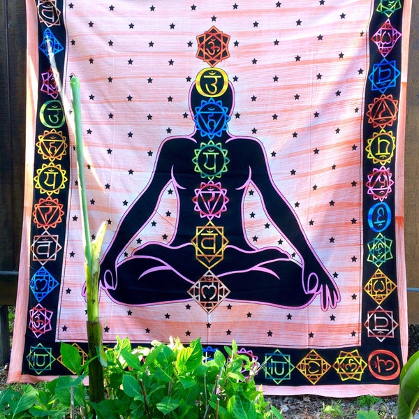 Chakra Wall Hanging Tapestry  Boho Hippy Gypsy Yoga Backdrop Ohm meditation Dorm Decor Throw Blanket Sheet Spread Buddha 7ft x 7ft