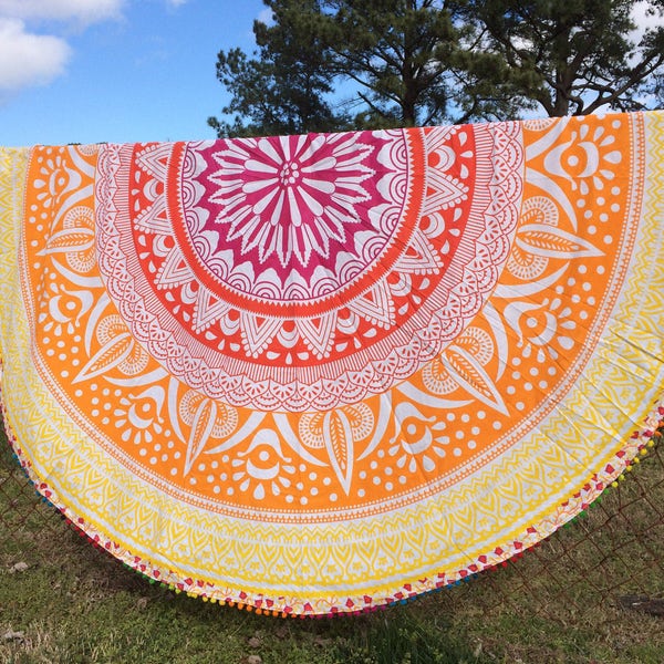 Beach Blanket Round Roundie Boho Hippy Gypsy Wedding Party pom poms Birthday Bridesmaid Gift Mandala Throw Pool Towel Festival Tapestry