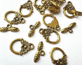 10/25 sets antique gold toggle clasp with floral flower design TG006
