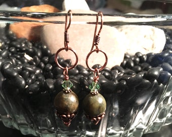 Serpentine and Swarovski Crystal Copper Drop Earrings - Healing Jewelry - Healing