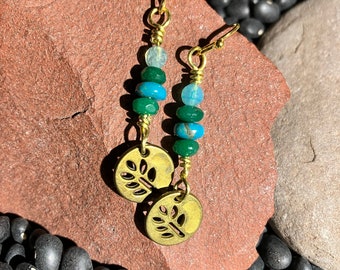 Earrings - Dyed Agate, Faceted Aventurine, Dyed Jasper - Brass Leaf Charm Earrings - Jewelry with Meaning - Love yourself!