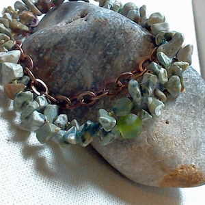 Rhyolite, Dyed Agate and Swarovski Crystal Copper Multi Strand Bracelet - Communication and Balance - Boho Chic Bracelet - Chunky Bracelet
